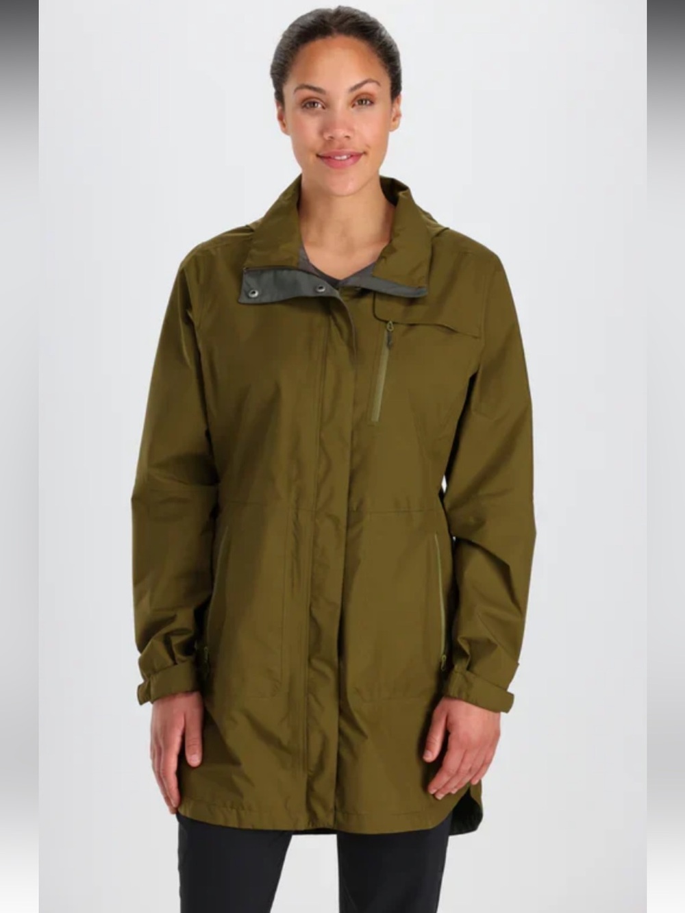 NWOT OUTDOOR RESEARCH ASPIRE TRENCH ZIP UP HOODIE RAIN JACKET OLIVE GREEN SZ MED